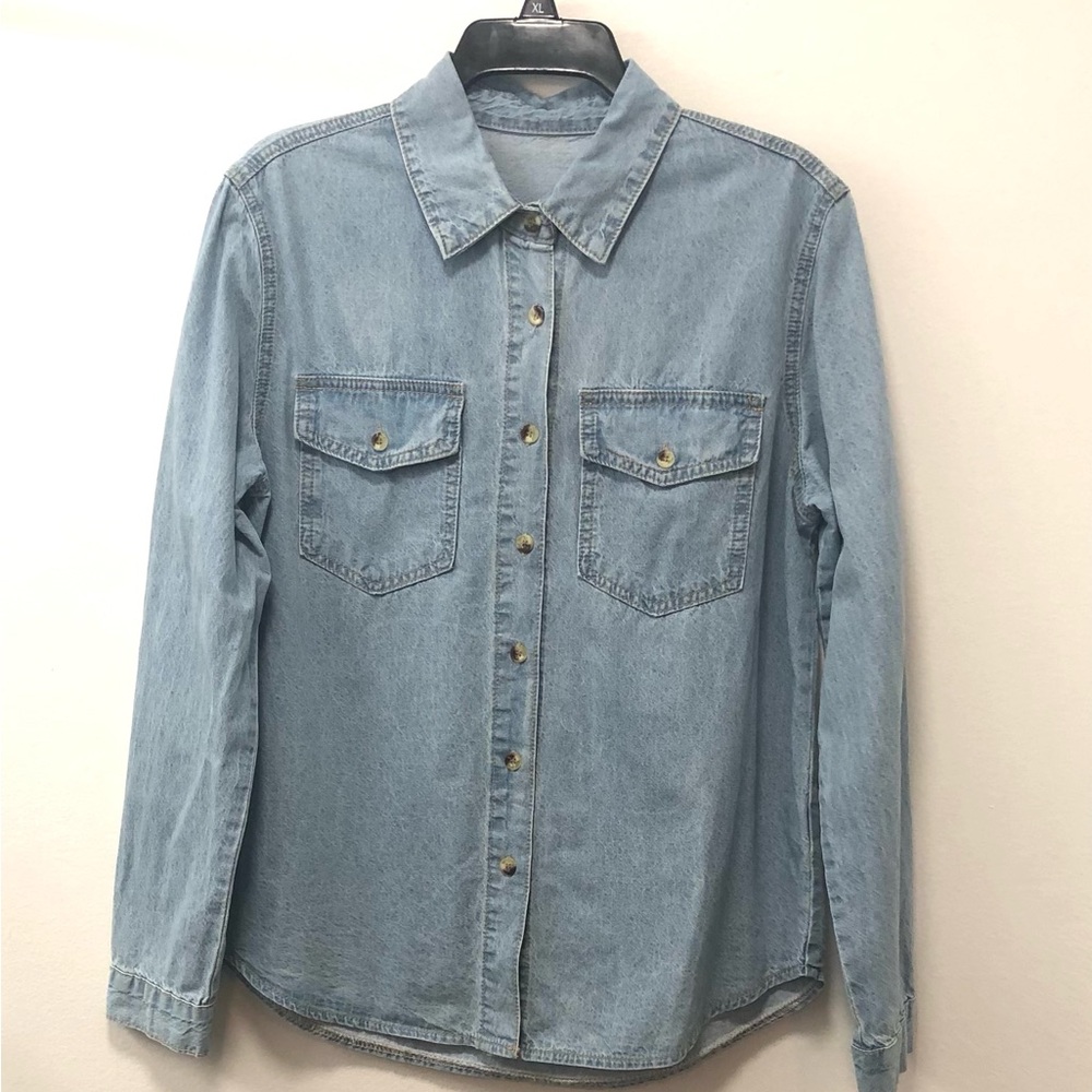 SHEIN denim button down shirt, faded blue, size M, back length 27”.